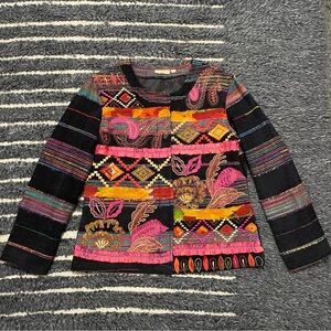 Colorful Art to Wear Boho Hippie Free Living Style Button Tapestry Jacket Size M